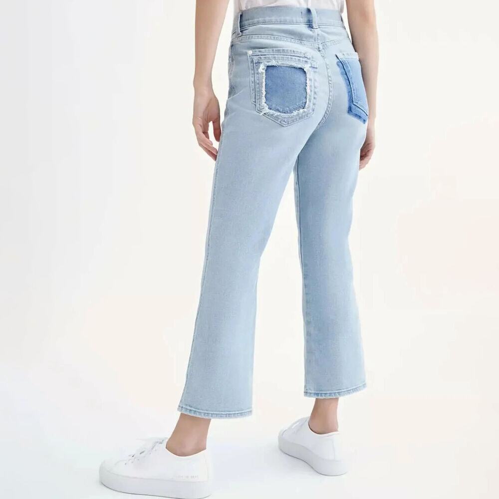 7FAM High Waist Slim Kick Jeans Light Wash Distressed Cutout Pockets 33x25